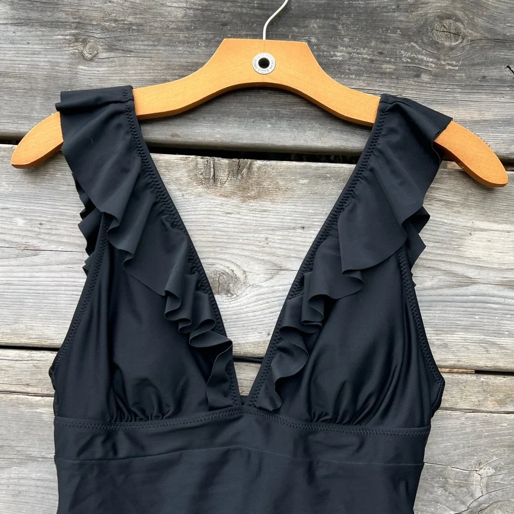 M Summer Seaside Ruffle Ruched Plunge Gathered Back One Piece